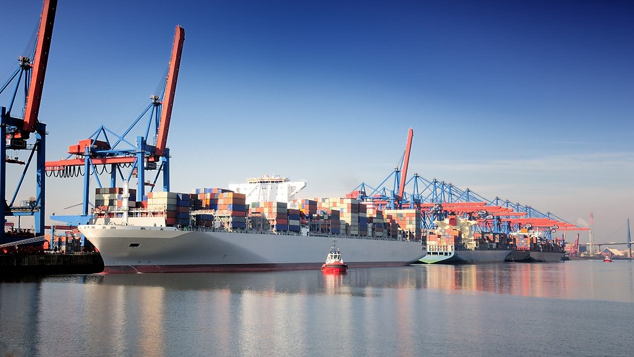 Ship full of containers at sea in Hamburg, Germany