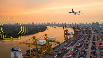 A plane flying over a port side