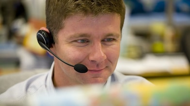 Call center employee taking call