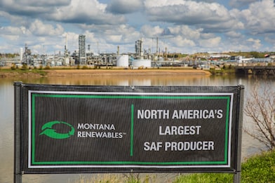 A Montana Renewables banner against the backdrop of a SAF production site in North America