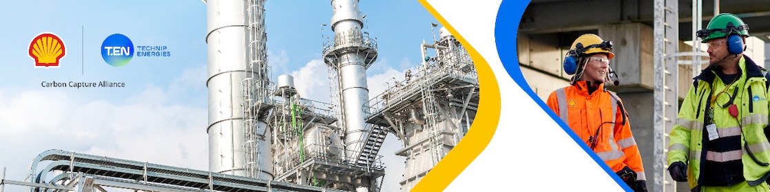 Carbon Capture Alliance banner featuring the Shell and Technip Energies alliance logo, showcasing a carbon capture plant and two decarbonization engineer experts in safety gear wearing branded vests to represent the committed collaboration.