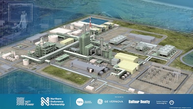 Picture featuring the 3D project of the NZT Power Project. Technip Energies, leader of a consortium with GE Vernova and local construction partner Balfour Beatty, supported by technology partner Shell Catalysts & Technologies, is executing a major contract for the Net Zero Teesside Power (NZT Power) project in the United Kingdom on behalf of NZT Power Limited.