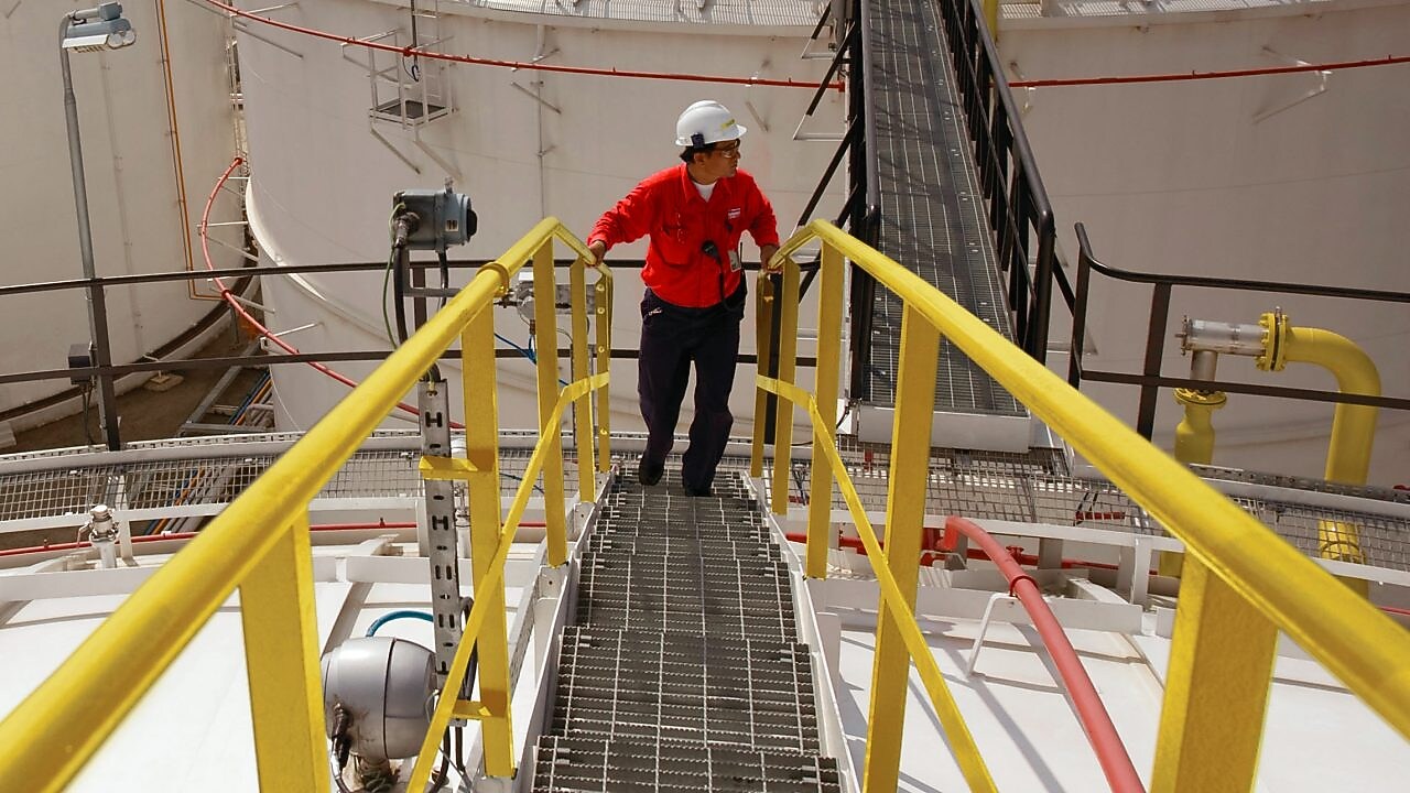 Shell worker turns valve while facilitating dioxin removal.