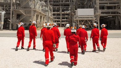 Engineers walk towards the plant discussing guard bed impact