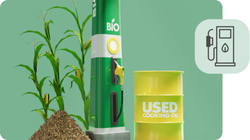 An illustration of a decarbonisation pathway leading to a facility, with an icon of a petrol pump with a leaf on it.