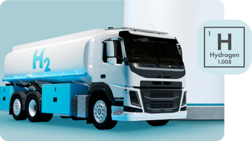 An illustration of a decarbonisation pathway leading to a facility, with an icon of the Hydrogen element as it appears on the periodic table of the elements.