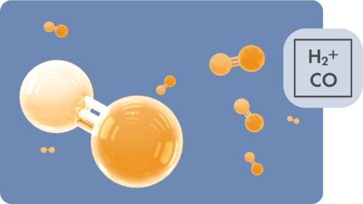 An illustration of a decarbonisation pathway leading to a facility, with an icon of H2+ CO.