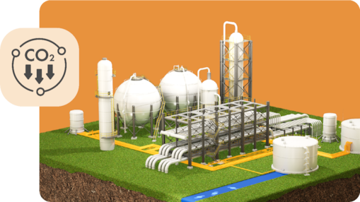 An illustration of a decarbonisation pathway leading to a facility, with an icon of CO₂ with three arrows going down.