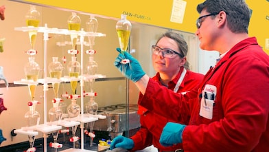 Shell employees look at ethylene oxide production samples