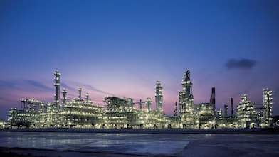 Aerial view of a glowing city