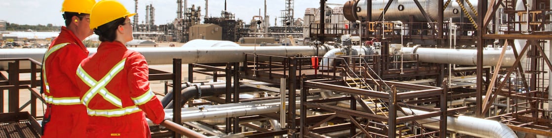 Workers looking at the oil plant