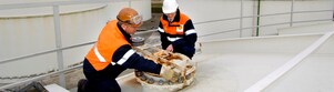 Two workman fixing a lid on a tank at a chemical plant