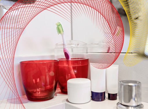Personal care products sitting on bathroom counter
