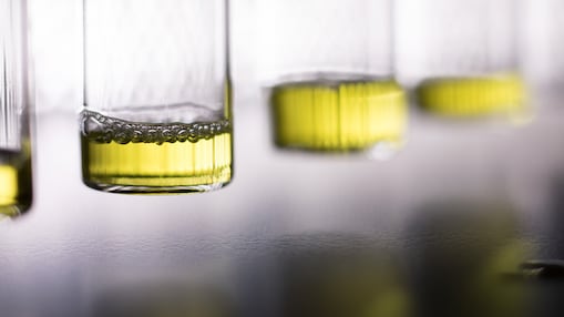 Glass vials containing yellow liquid