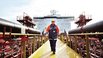 Man walking on the cargo ship