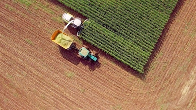 Farm machines harvesting corn for feed or ethanol