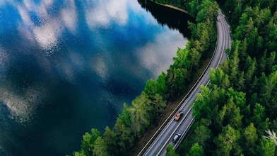 A road and a river with a bird-eye view