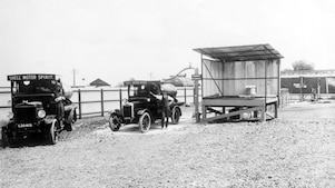 Black and White photo of Shell Motor Spirit vehicles