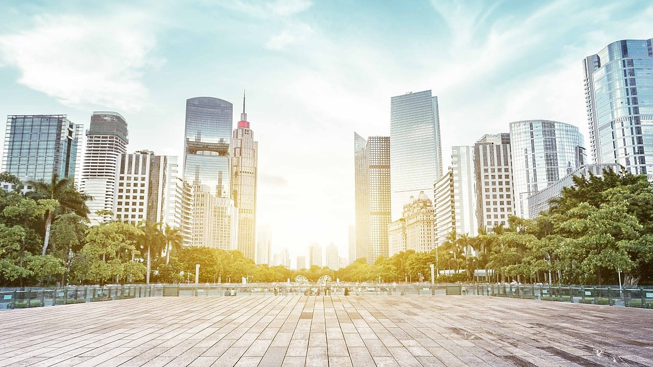 City scape with a sunset in the background