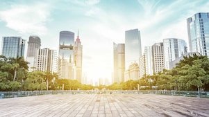 City scape with a sunset in the background