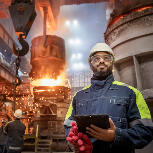 Man holding a tablet device in front of a steel heating machine