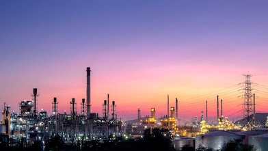 Panorama view at the refinery located in a large industrial area.