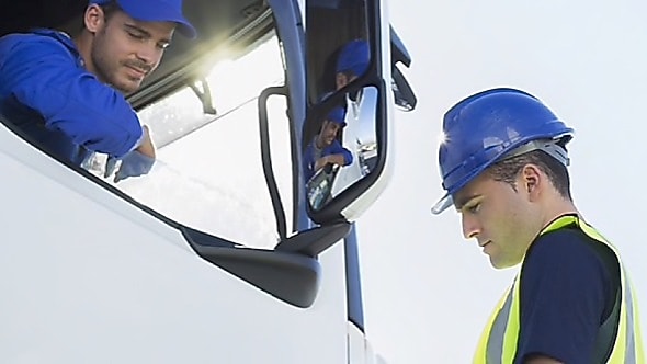 Truck inspection with safety helmet