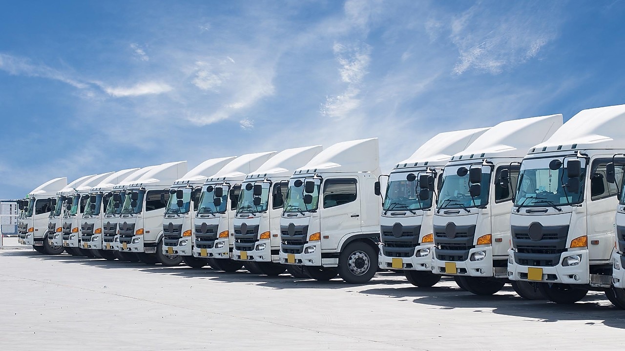 New truck fleet is parking on the yard with beautiful sky.