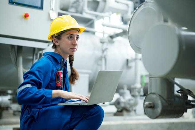 A woman with Protective equipment on a laptop