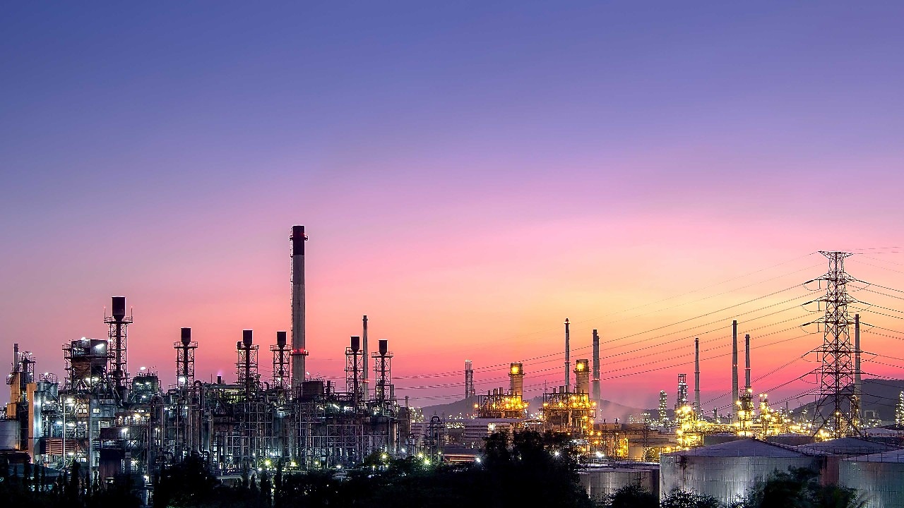 Panorama view at the refinery located in a large industrial area.