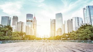 City scape with a sunset in the background