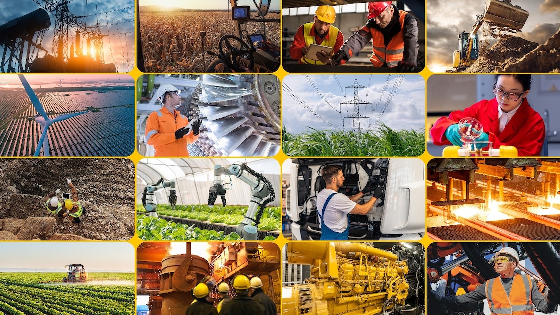 Mosaic of sector relevant images, including scientists, engineers working with metal, farmers in a field, diggers on a construction site and a close up of a stationary gas engine