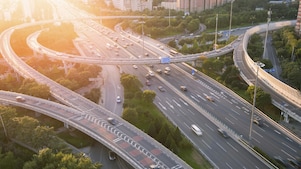 Aerial view of multi-lane highway intersection
