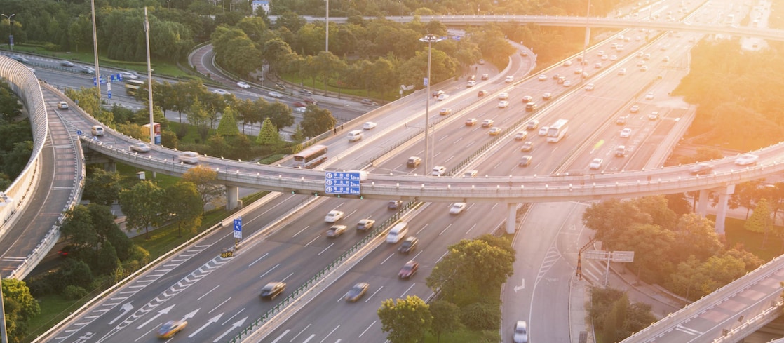 Aerial image of highway with vehicles on them