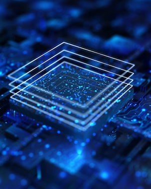Blue and digital computer chip on a digital circuit