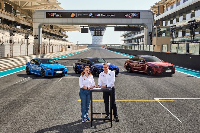 Aysun Akik, VP New Business Development, Global Lubricants, Shell with Franciscus van Meel, CEO of BMW M GmbH in Abu Dhabi, UAE