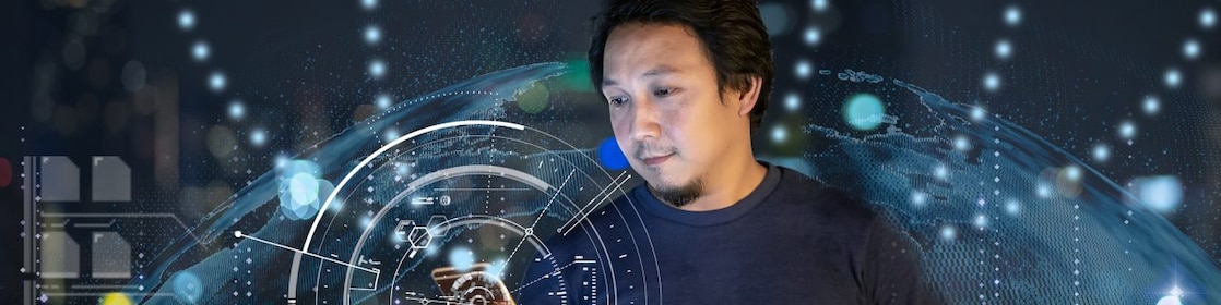 Men using phone with particles of visual screen and icons over the area and background.