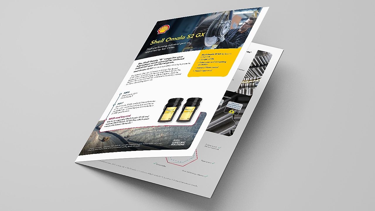 Open Shell Omala S2 GX product brochure displaying technical information about the industrial gear oil.