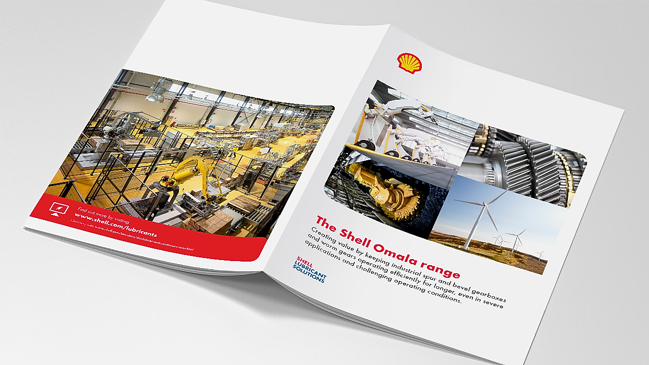 Open Shell Omala Family brochure displaying some applications of the industrial gear oil.