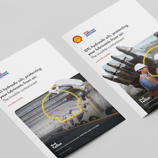 Brochure covers of both mobile and stationary versions of the Shell Tellus S4 VE Whitepaper Air Contamination Brochure