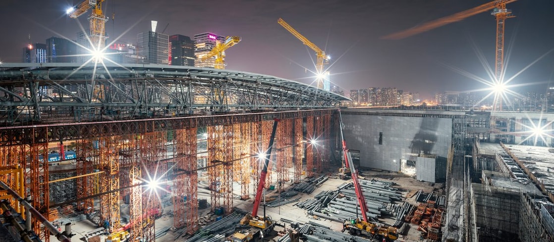 Ariel view of construction site at night