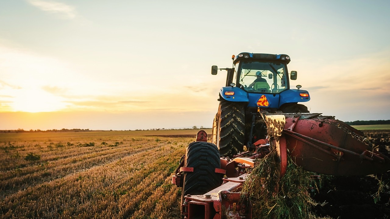 Tractor working in a crop field