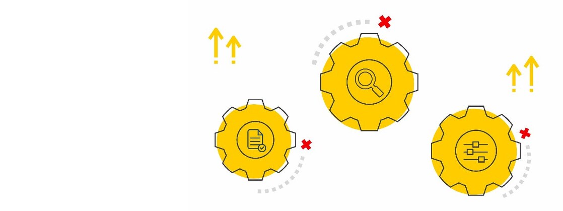 Illustration of three cogs each with a different maintenance related icons inside