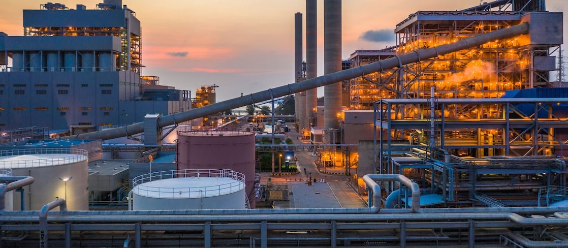 Metallurgical steelmaking factory at dusk.