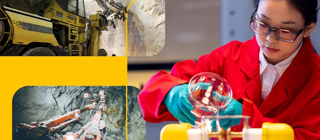 Mosaic of 3 images, two of underground mining equipment and one image of a scientist in a red lab coat pouring lubricant