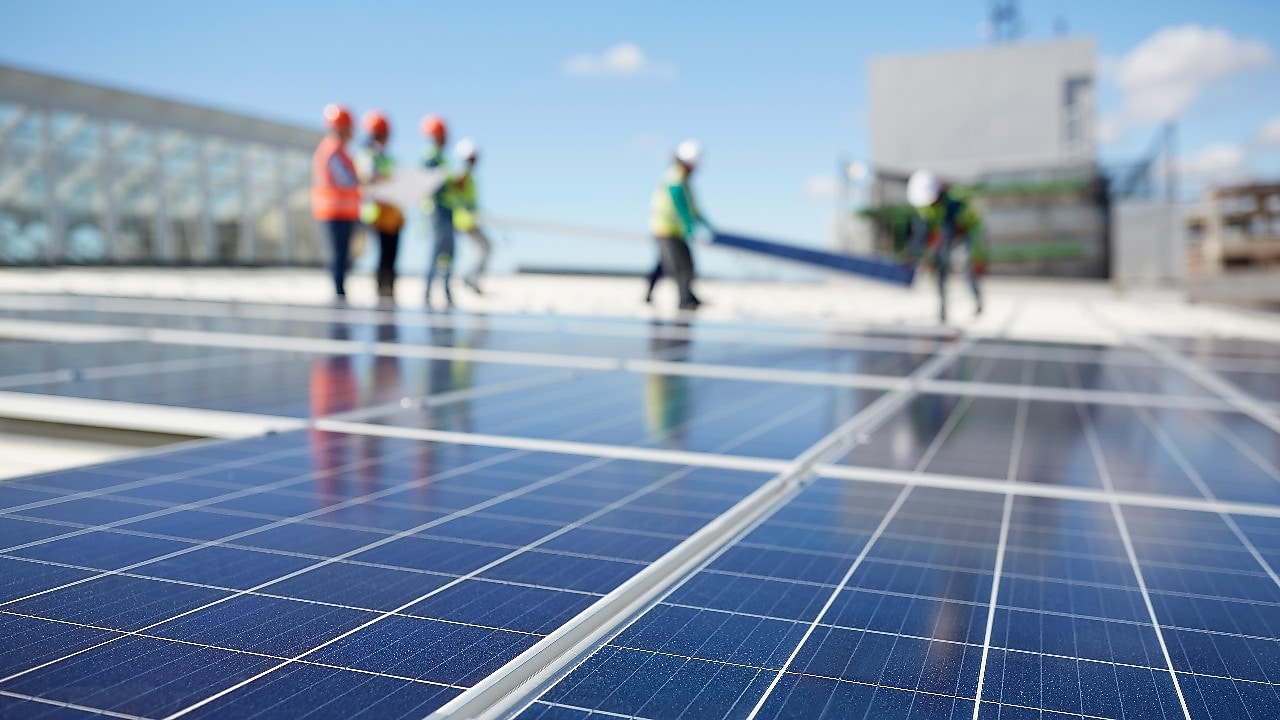 Solar panels at sunny power plant