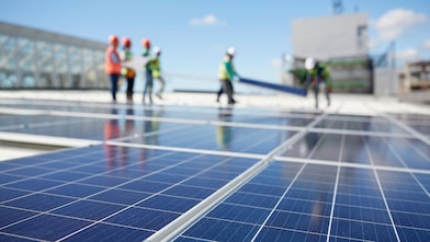 Solar panels at sunny power plant