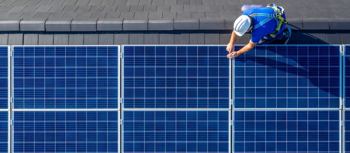 Solar panels at sunny power plant