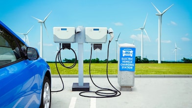 Electric car charging renewable energy at electric vehicle charging station