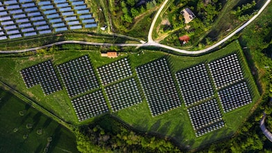 Solar energy station in countryside aerial view